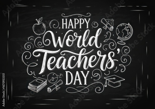 Happy World Teachers Day Chalkboard Sign with Educational Icons and Chalk Drawing