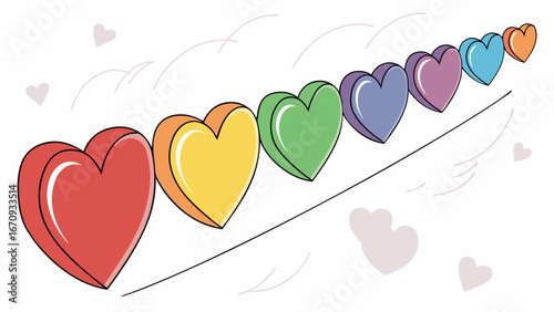Rainbow hearts rolling on a line love Valentines Day LGBTQ pride illustration design element.