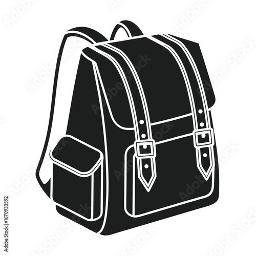 Black silhouette of a classic backpack with buckles
