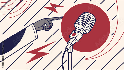 Retro Microphone Illustration Hand Pointing Abstract Background Podcast Music Announcement.