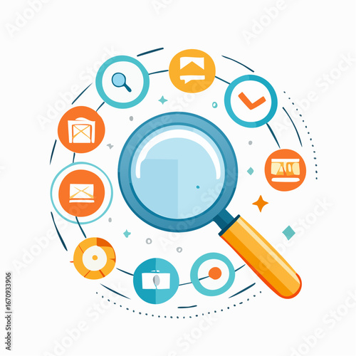 Flat vector search icon set with magnifying glasses and abstract find symbols. Clean professional design for apps and websites.