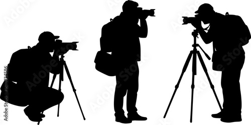 Silhouettes of three photographers in different poses taking pictures with cameras and camera bags shown | eps vectors
