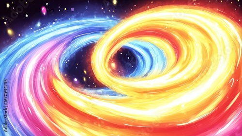 A vibrant cosmic swirl of colors representing galaxies and energy in space.