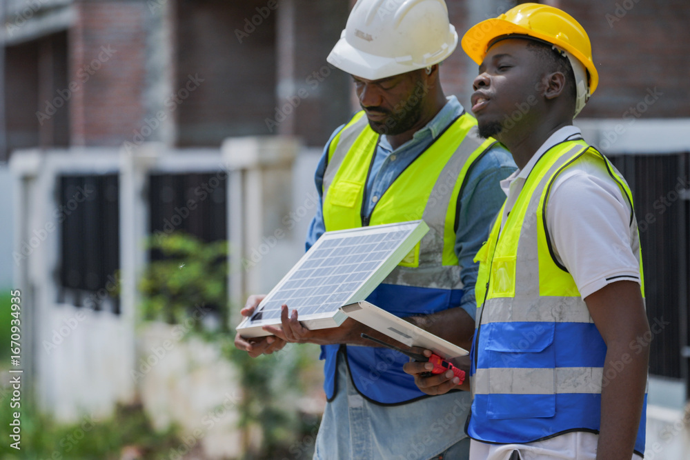 Fototapeta premium Two construction site managers collaborating on a building inspection. A supervisor points out an issue while his colleague takes notes, ensuring quality control and project progress.