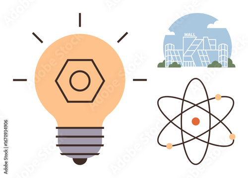 Bright lightbulb with a hexagonal shape, atom structure with electrons, and futuristic shopping mall buildings. Ideal for innovation, science, energy, education, creativity, modernity