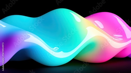 A colorful wave of fluid shapes in vibrant hues of blue, pink, and purple against a dark background.