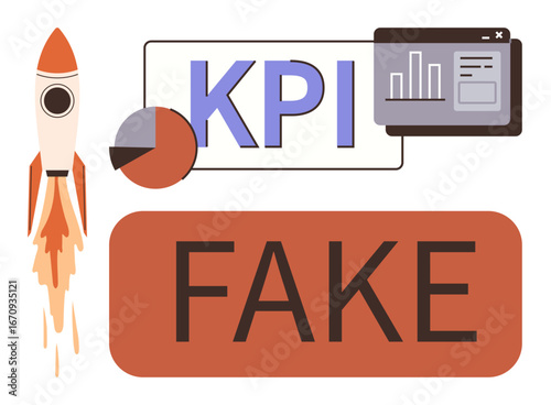 Rocket launching with KPI board and Fake label emphasizing misleading metrics. Ideal for analytics, strategy, misinformation, business growth, risk, transparency, performance. Simple flat metaphor