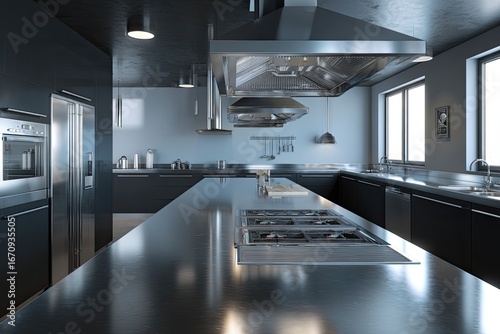 Modern, spacious commercial kitchen with stainless steel appliances and counters