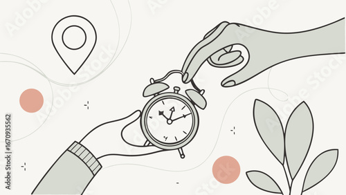 Hand exchanging an alarm clock minimalist illustration appointment scheduling time management concept.