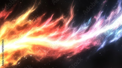 A vibrant cosmic swirl of colors representing energy and movement in space.
