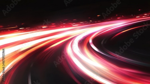 A dynamic blur of light trails illustrating motion and speed on a curved road.