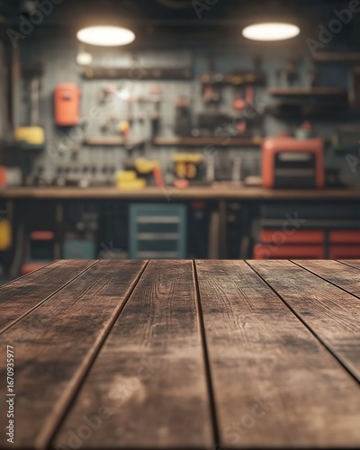 Dark Wood Tabletop with Blurred Workshop Background