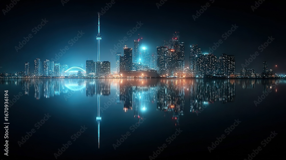 Fototapeta premium City skyline at night with lights reflecting on water.