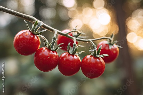 Fresh, vibrant red cherry tomatoes on a branch, bathed in warm sunlight