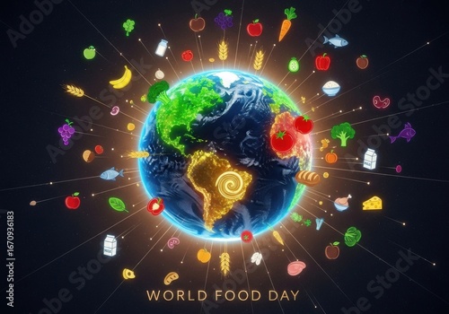 Earth with Various Fruit and Vegetable Icons for World Food Day Celebration