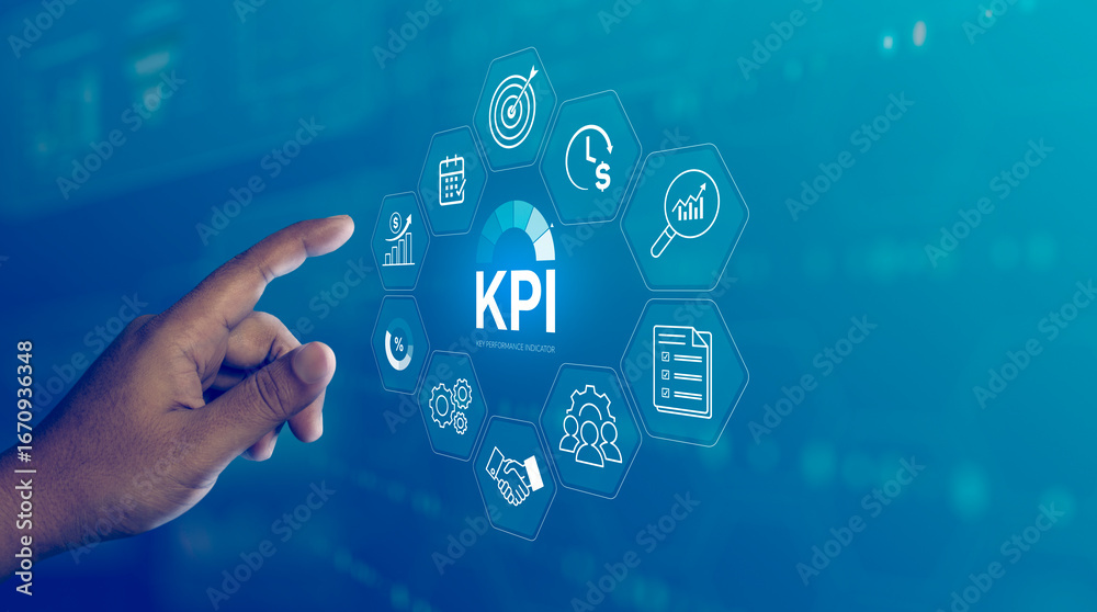 Obraz premium KPI dashboard visualization with business performance metrics, target tracking, financial analysis, and strategic management icons for monitoring and improving organizational goals
