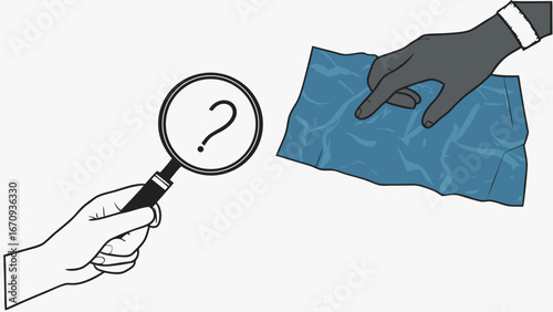 Hand holding magnifying glass examining a crumpled blue surface illustration.