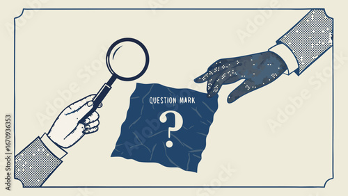 Stylized illustration of hands investigating a question mark on crumpled paper with a magnifying glass.