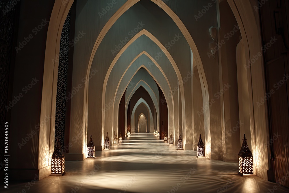Obraz premium Long, arched hallway with lanterns