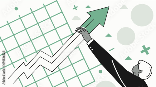 Business person raising an upward trending arrow growth success achievement progress goal finance investment future strategy planning target ambition leadership motivation corporate career developmen.