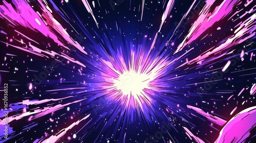 A vibrant explosion of light and color in a cosmic space setting.