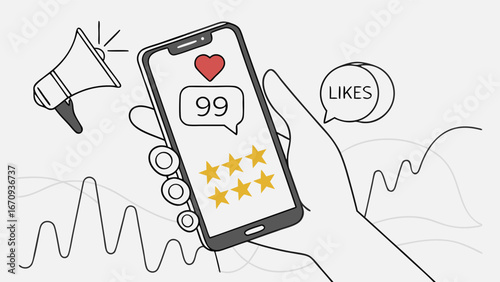 Smartphone Showing Likes Reviews and Marketing Illustration.