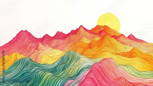 Vibrant abstract landscape with flowing lines and a bright sun.