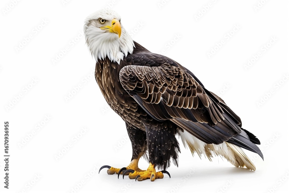Obraz premium Majestic bald eagle standing, wings folded, isolated on pure white background.