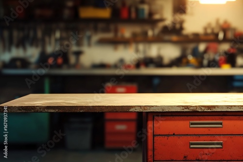 Rusty Metal Workbench with Red Cabinet in Workshop Setting