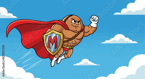 National day of macadamia nut september 4th vector cartoon superhero character flying in blue sky with clouds illustration vector graphic design asset