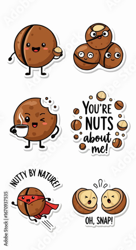 National day of macadamia nut september 4th vector cute nut sticker sheet vector illustration with funny nutty puns and cartoon macadamia nut characters