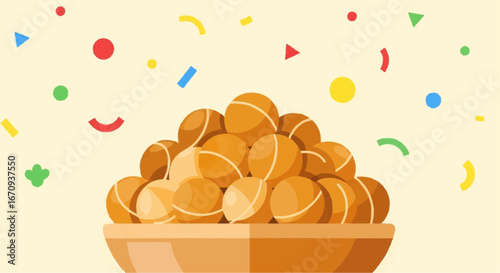 National day of macadamia nut september 4th vector delicious loukoumades greek donuts recipe for celebration party with colorful confetti background design