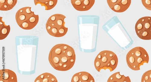National day of macadamia nut september 4th vector delicious cookies and milk vector pattern background for bakery sweet treat design and dessert shop decoration