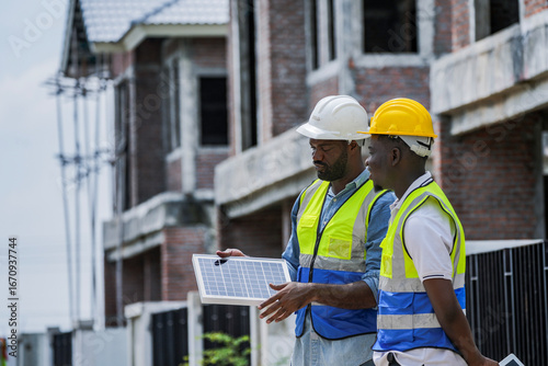 A senior electrician provides hands on training to a young apprentice on solar technology. Building the next generation of skilled labor for the renewable energy and construction trades.