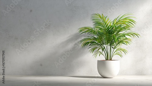 A potted palm plant in a light-filled room