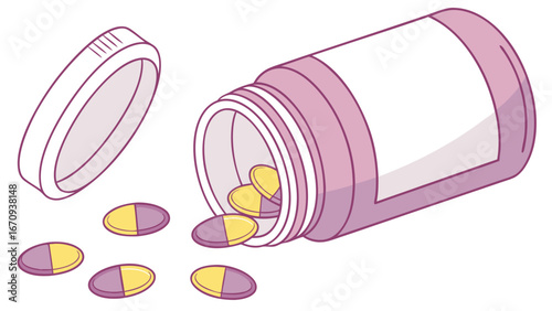 Illustration of pills spilling from a bottle medical supplies healthcare concept.