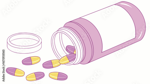 Spilled Capsules from a Medicine Bottle Medical Illustration Healthcare Concept.