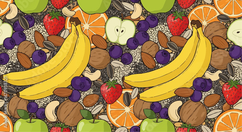 National day of macadamia nut september 4th vector healthy fruit and nuts seamless pattern background for nutrition and diet themed designs and backgrounds use