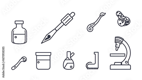 Snake Research Icons. Outline icon set of snake research equipment: antivenom vial, venom extraction tool, lab slide, microscope,