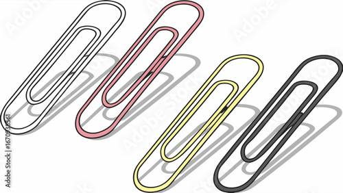Four Colorful Paperclips Arranged in Diagonal Pattern Office Supplies Stationery Minimalist Design.