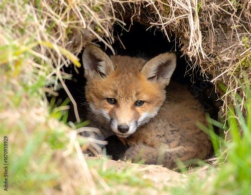 Young fox emerging from a burrow