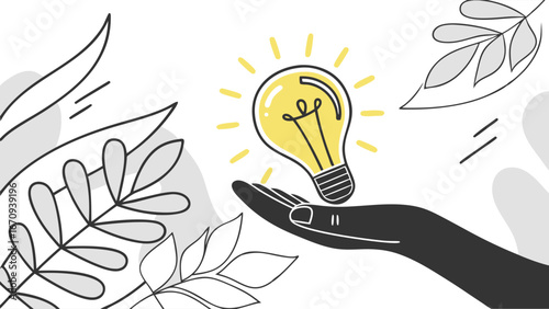 Hand holding a glowing light bulb idea concept creative design inspiration innovation.