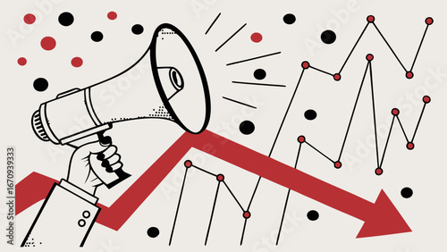 Hand Holding Megaphone with Decreasing Graph Illustration for Business and Marketing Concepts.