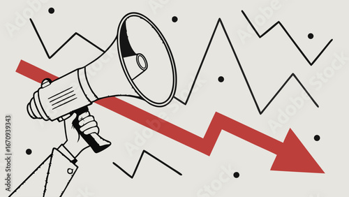 Hand holding megaphone with downward trending arrow business and finance illustration.