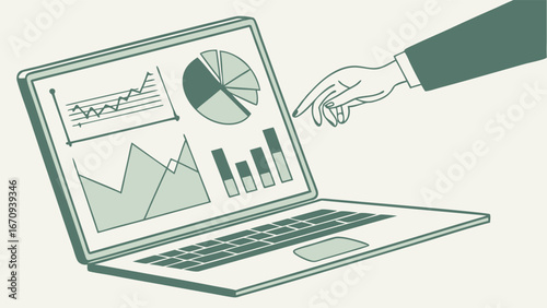 Laptop screen displaying charts and graphs hand interacting with data visualization.