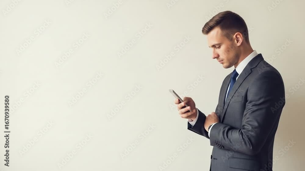 A businessman in a suit is looking at his smartphone with a serious expression. A businessman in a suit is looking at his smartphone with a serious expression.
