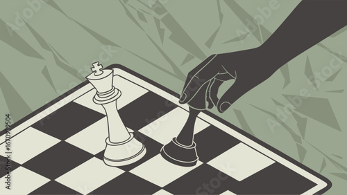 Chess Game Strategy Hand Moving Black Pawn Towards White Kingpiece.