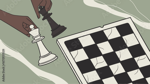 Chess game illustration strategic move king and queen pieces cracked chessboard competition strategy game black and white hands abstract background graphic design artwork digital art vector illustrat.