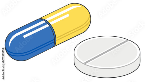 Capsule and Tablet Medical Illustration Healthcare Icon Pharmacy Symbol Pill Graphic Medicine Design Blue and Yellow Capsule White Tablet Pharmaceutical Image Drug Representation Health and Wellness .
