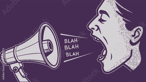 Vintage illustration of a person shouting into a megaphone announcing or protesting.